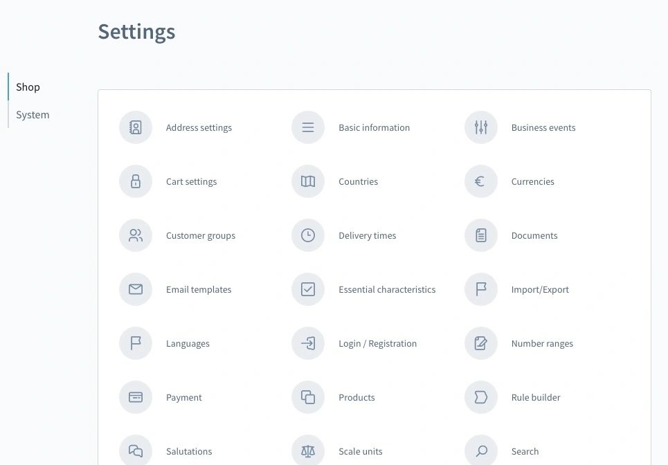 Some settings in the Shopware admin area